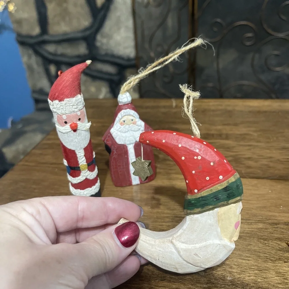 Lot Of 3 Santa Christmas Ornaments Wood , Papier-Mâché Santa Moon & Star Hanging